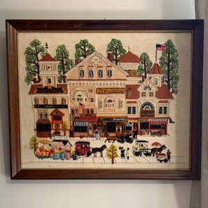 Old Town / City Embroidered Wall Art | Vintage Handmade | 18”x 22”